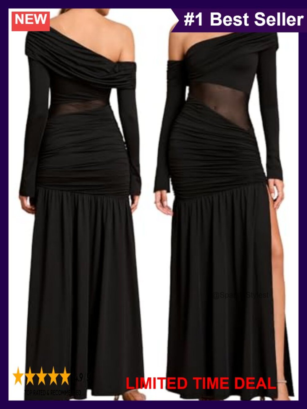 One Shoulder Long Sleeve Ruched Mesh Maxi Dress with High Slit